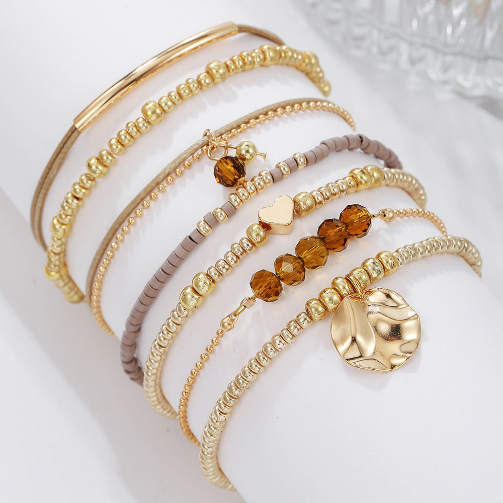 Bohemian Geometric Round Heart Handmade Alloy Glass Beaded Bracelet Set for Women