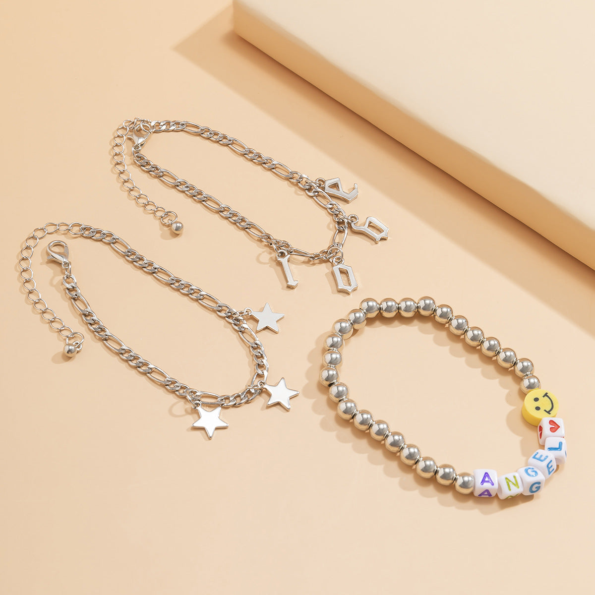 Minimalist Star Geometric Letter Tassel Charm Stretch Bracelet for Women with Heart and Bear Accents