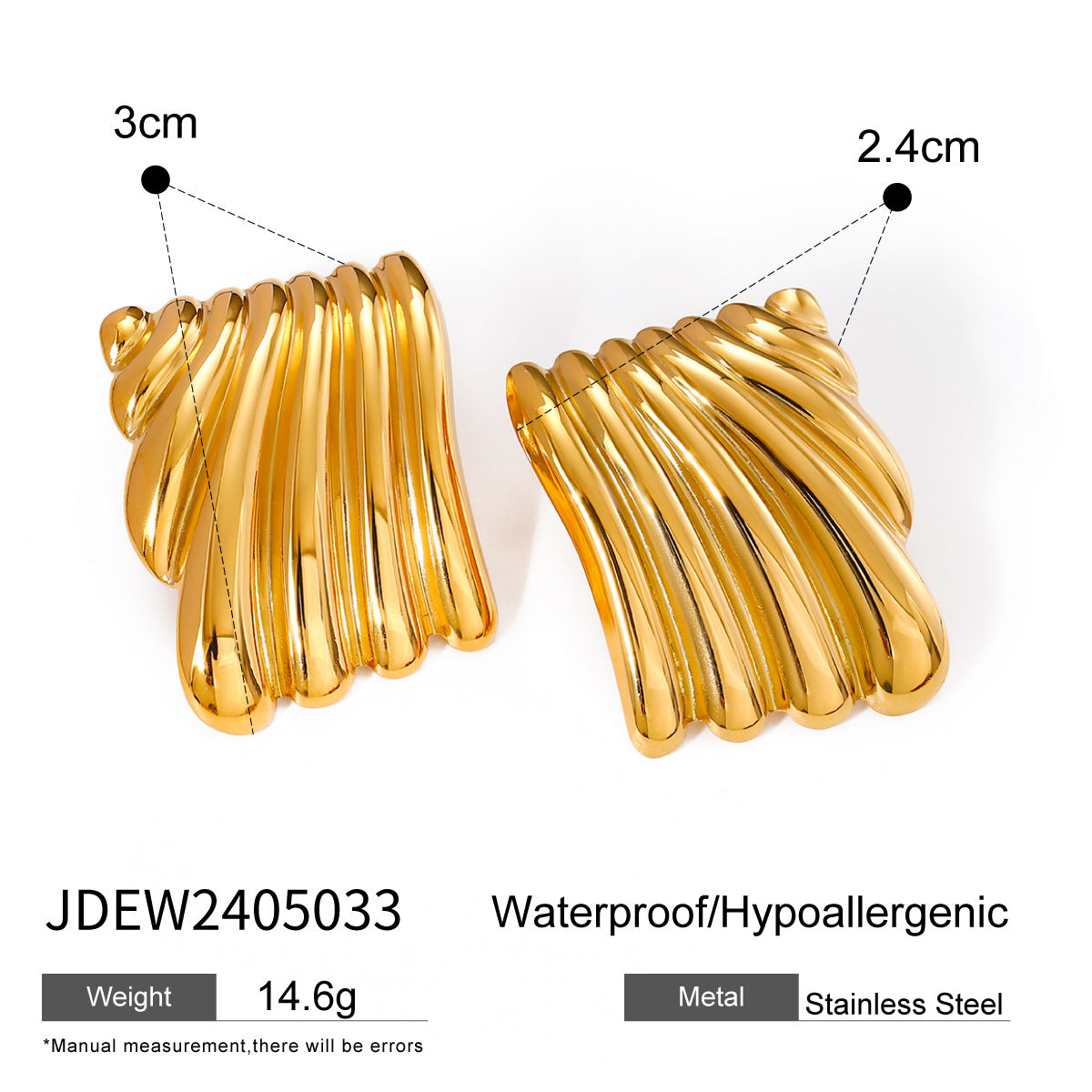 Fashionable Geometric Stainless Steel Stud Earrings with Wavy Texture and Plated Finish for Women