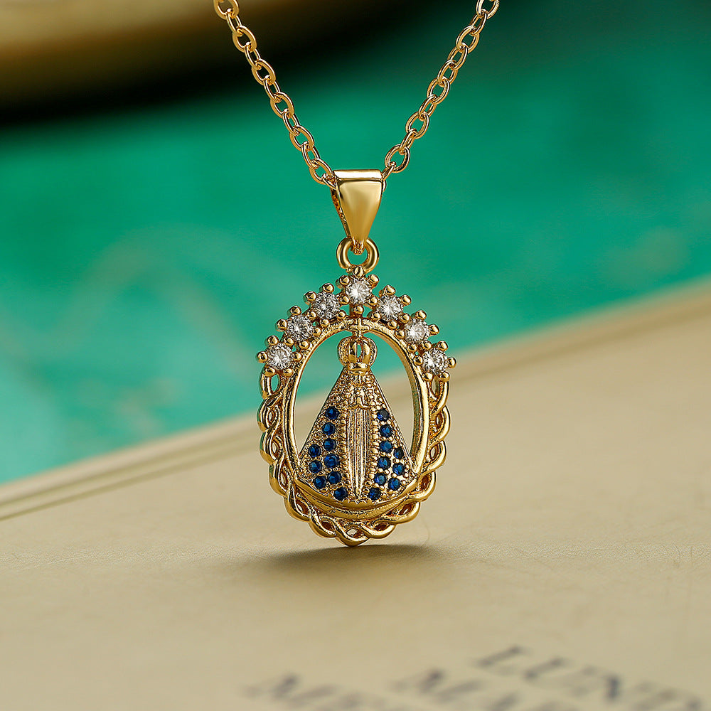 Geometric Saint Mary Pendant Necklace for Women with Copper Base Plated in Real Gold Inlaid with Zircon and Pearl Accents