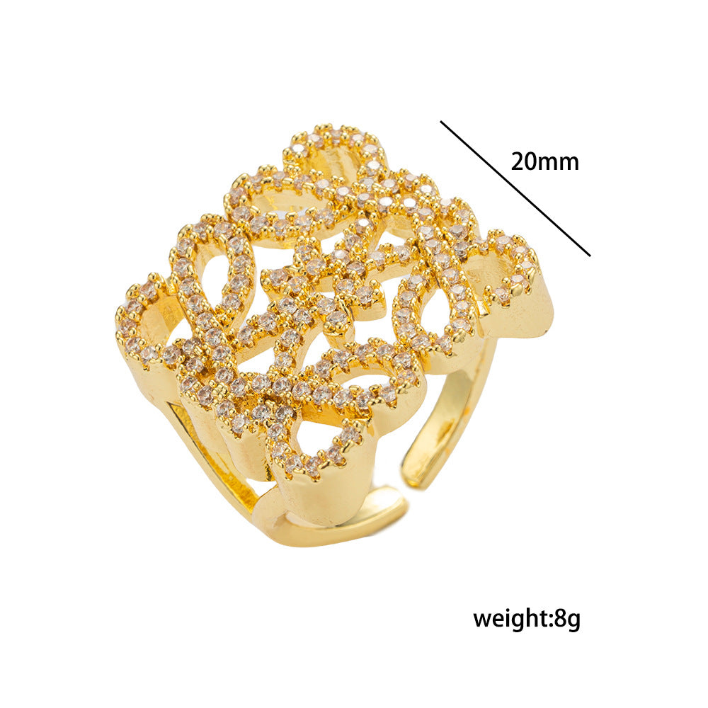 Minimalist Geometric Hollow-Out Ring with Rhinestone Inlay in 18K Gold-Plated Copper for Women