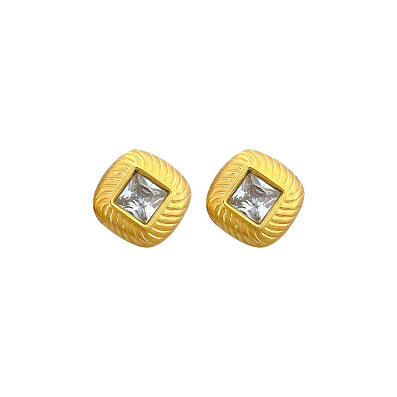 Minimalist Geometric Titanium Steel Stud Earrings with Zirconia Accents for Women, Electroplated Cold-Tone Fashion Ear Jewelry