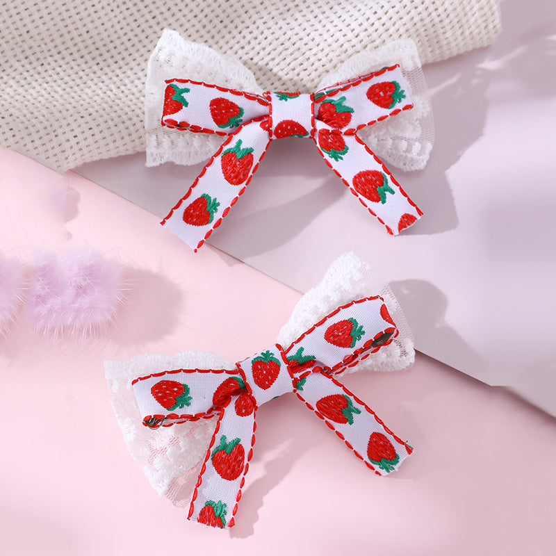 Natural Style Bow-Shaped Hair Clip Set for Kids with Red Satin Ribbon and Strawberry Embroidery Design