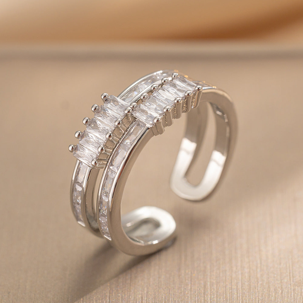 Luxury Minimalist Adjustable Open Ring for Women with Gold-Plated Copper Band and Zircon Stone Accent in Heart and Floral Shape