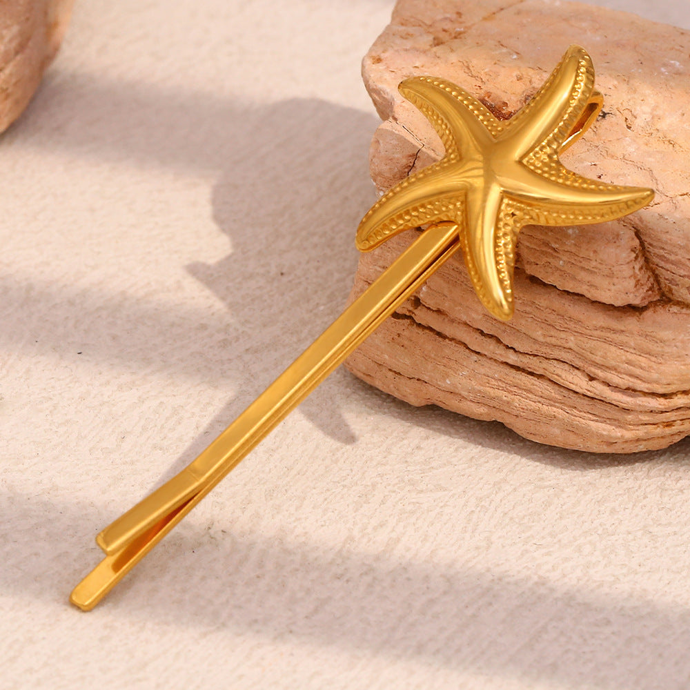 Fashionable Minimalist Starfish and Scallop Hair Clip for Women in Stainless Steel with 18K Gold Plating