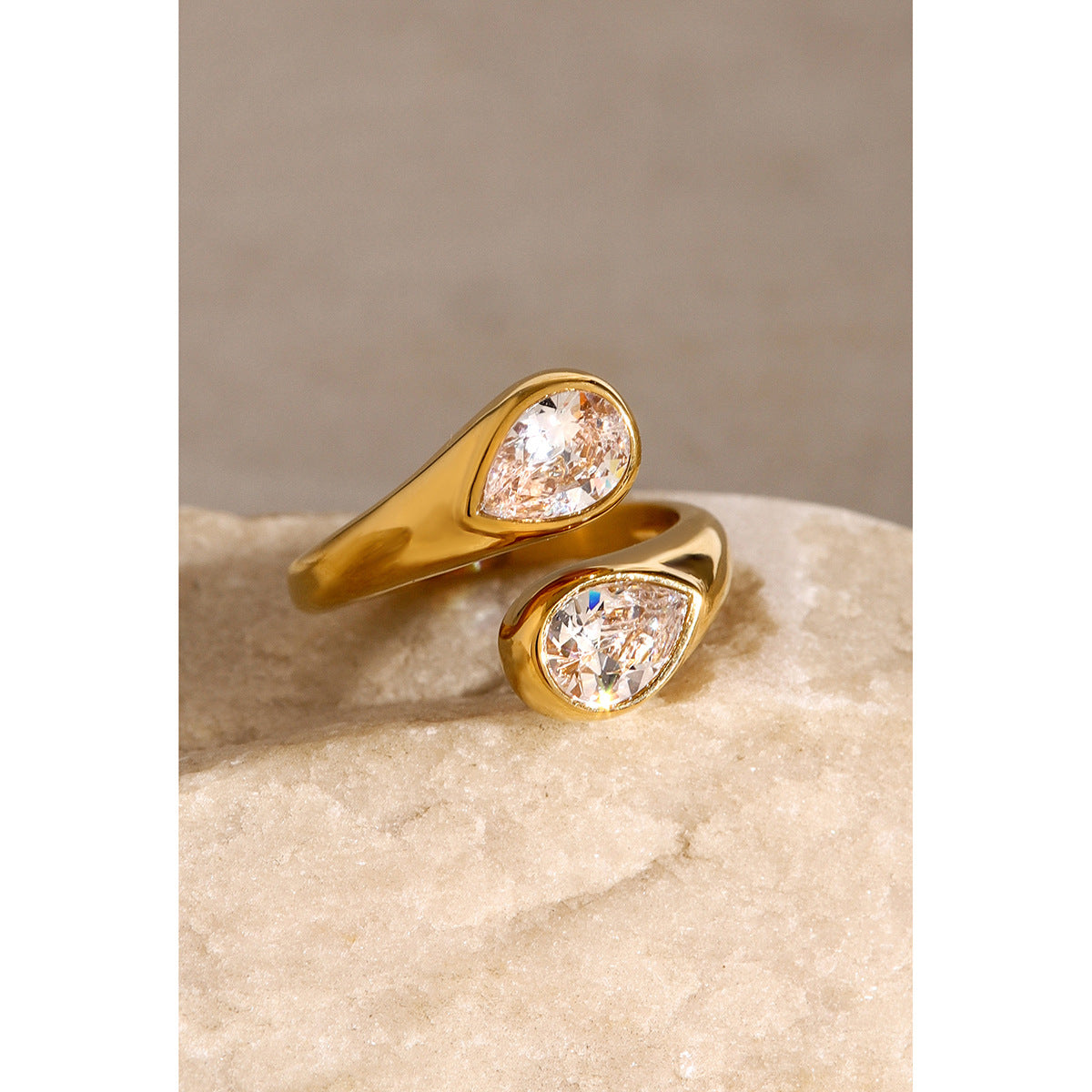 Minimalist 18K Gold Plated Asymmetric Teardrop Open Stainless Steel Ring with Cubic Zirconia