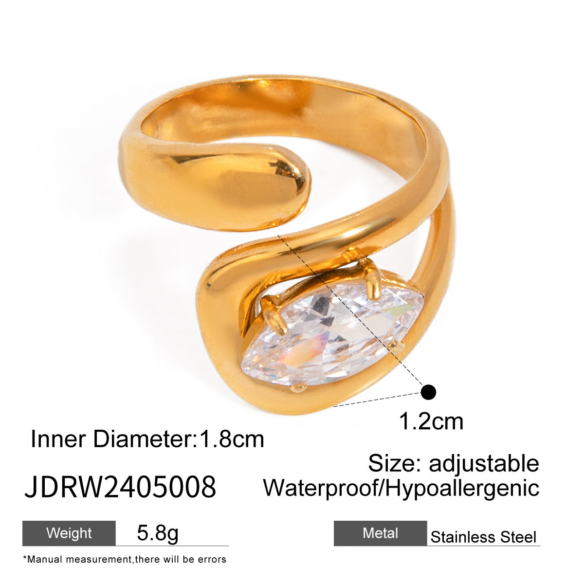 Elegant Geometric Cubic Zirconia Plated Stainless Steel Ring for Women
