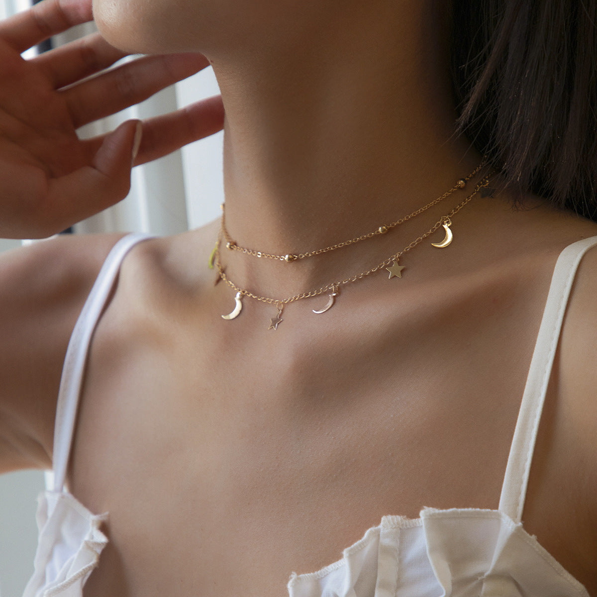Minimalist Star and Moon Pendant Necklace with Tassel Detail on Delicate Ball Chain for Women
