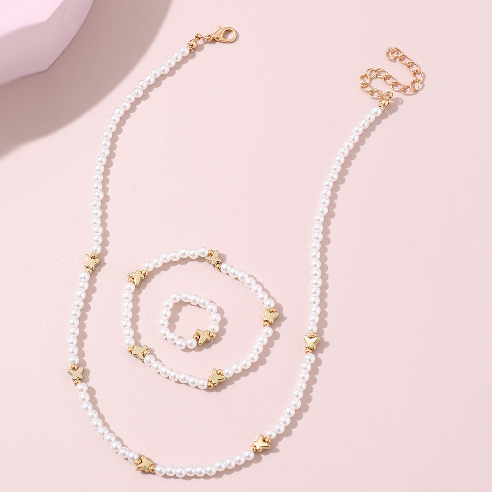 Simpatico Set di Gioielli per Bambini a Forma di Farfalla e Stella Collana Anello Braccialetto Pendente in Resina Plastica Lega Fatto a Mano con Perline Rotonde Catena