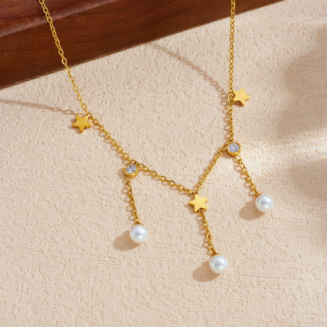 Gold Plated Stainless Steel Star Pendant Necklace with Imitation Pearl and Tassel for Women
