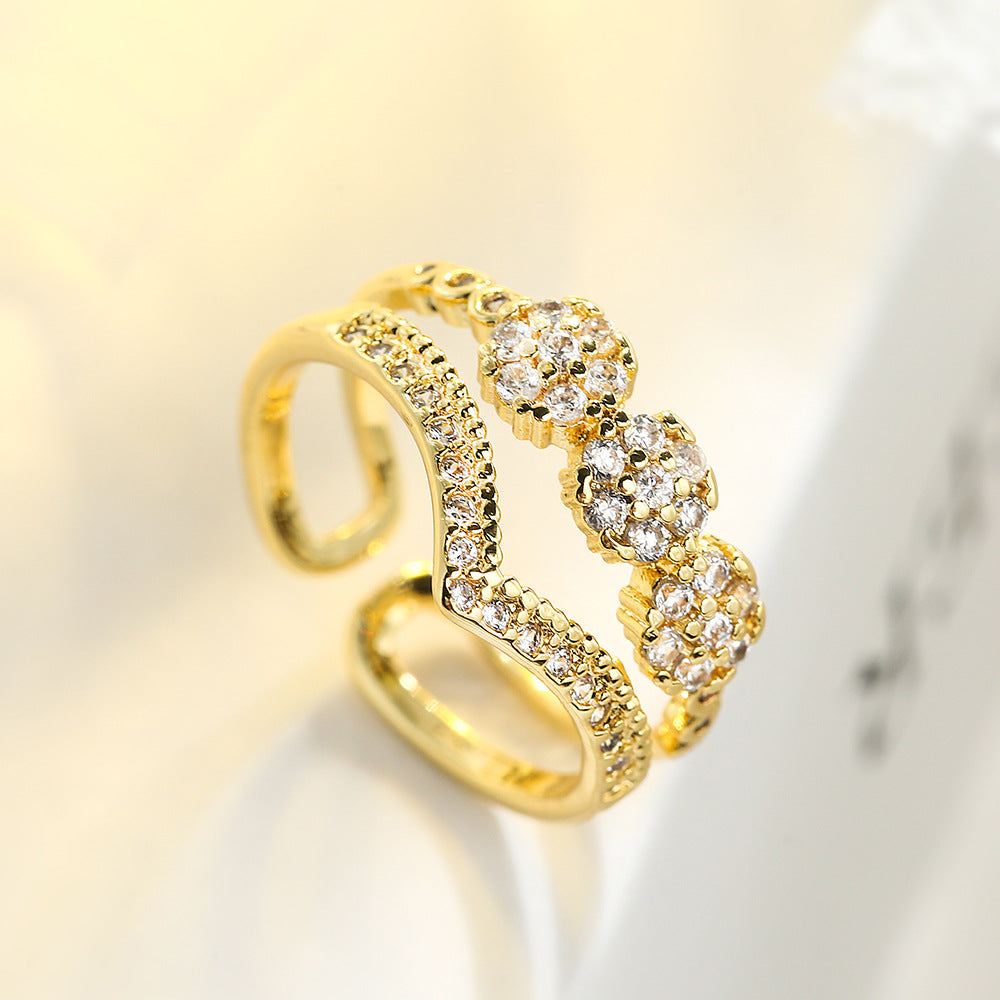 Anello Aperto Geometrico Minimalista da Donna in Ottone con Placcatura in Oro Vero e Intarsio di Zirconi