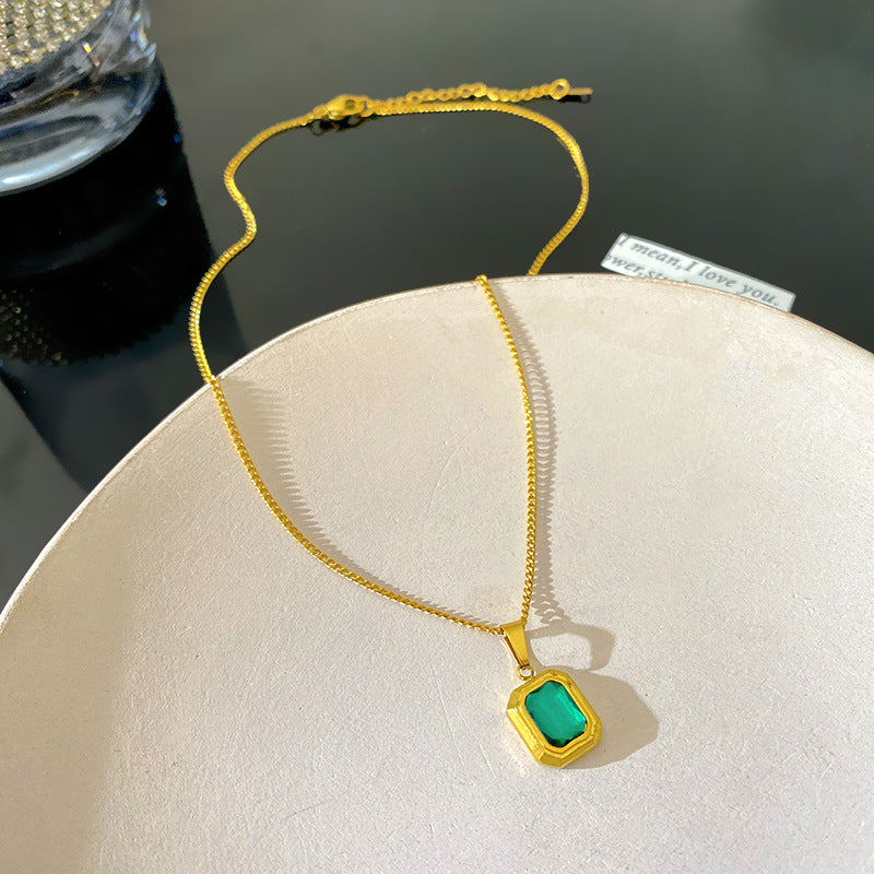 Vintage Green Cubic Zirconia Geometric Square Plated Titanium Steel Necklace for Women and Men