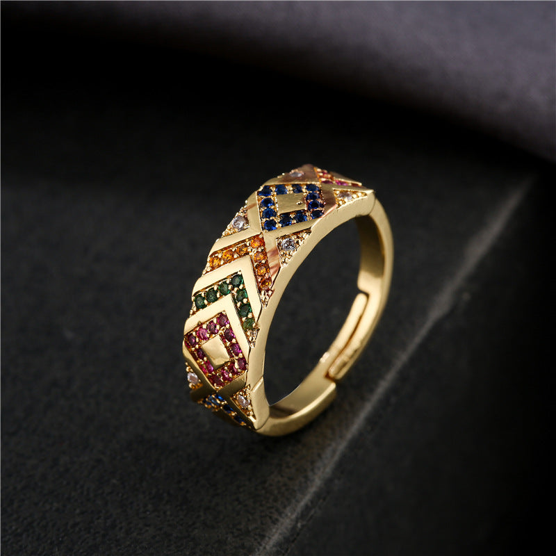 Anello geometrico minimalista in rame con placcatura in oro e zirconi colorati micro-incastonati per donna