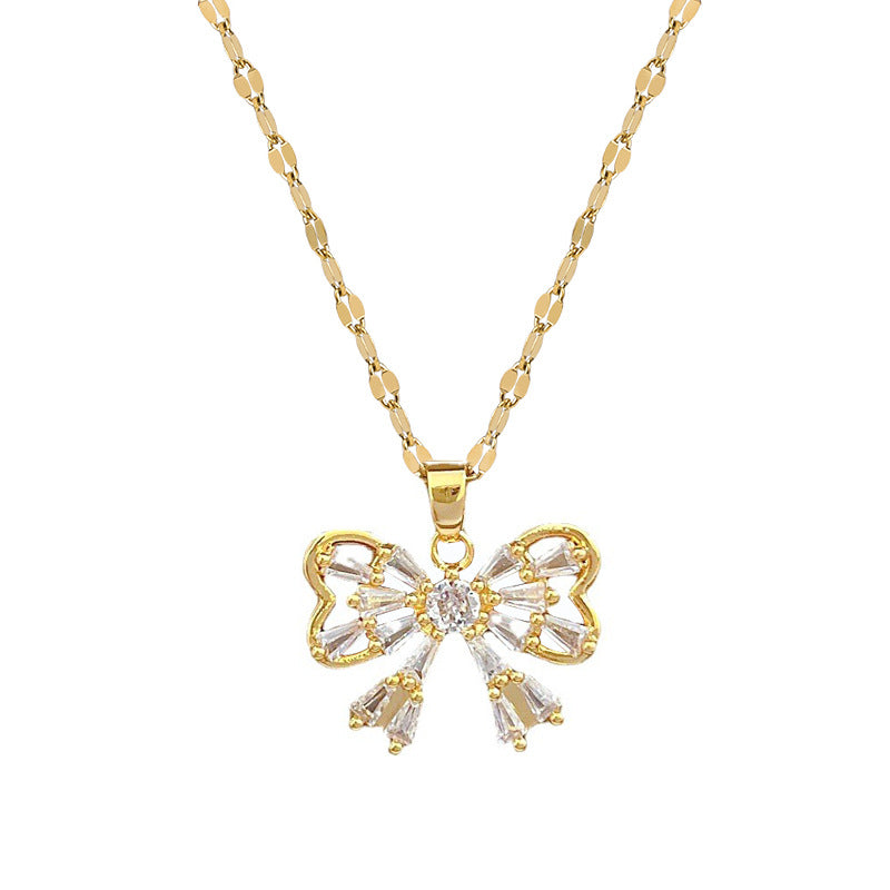 Minimalist Butterfly Pendant Necklace and Earrings Set in Titanium Steel with Micro-Pavé Setting and Plated Finish