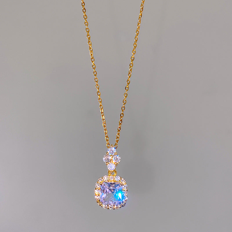 Sweet Colorful Cubic Zirconia Geometric Square Pendant Titanium Steel Necklace Cable Chain