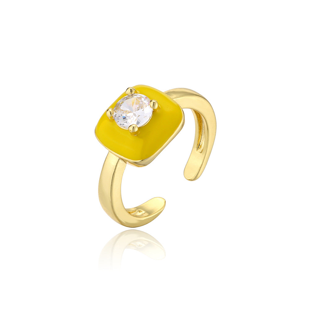 Gold Plated Brass Square Ring with Cubic Zirconia Inlay and Drip Oil Detail for Women