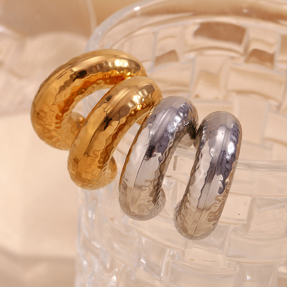 Minimalist Geometric Hollow Hammered Texture Stainless Steel Earrings with 18K Gold Plating for Women
