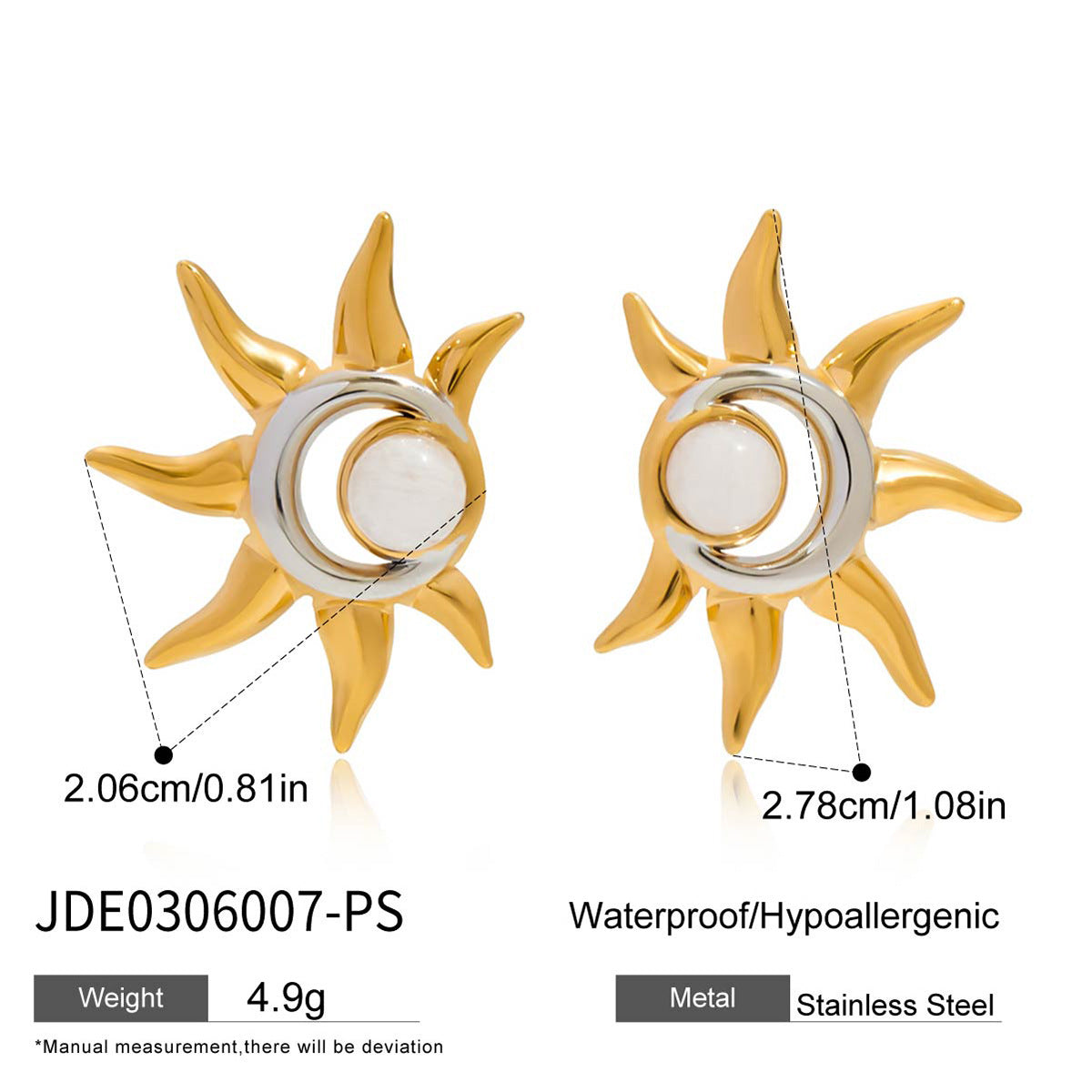 Pendientes de tuerca de acero de titanio con forma de sol geométrico con acabado chapado para mujer, joyería minimalista a la moda