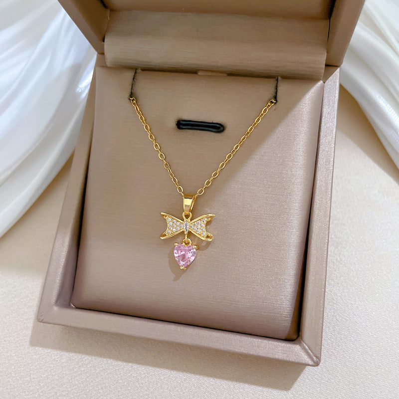 Collana con Pendente Lusso Dolce Acciaio al Titanio Fiocco Cuore Strass Unisex