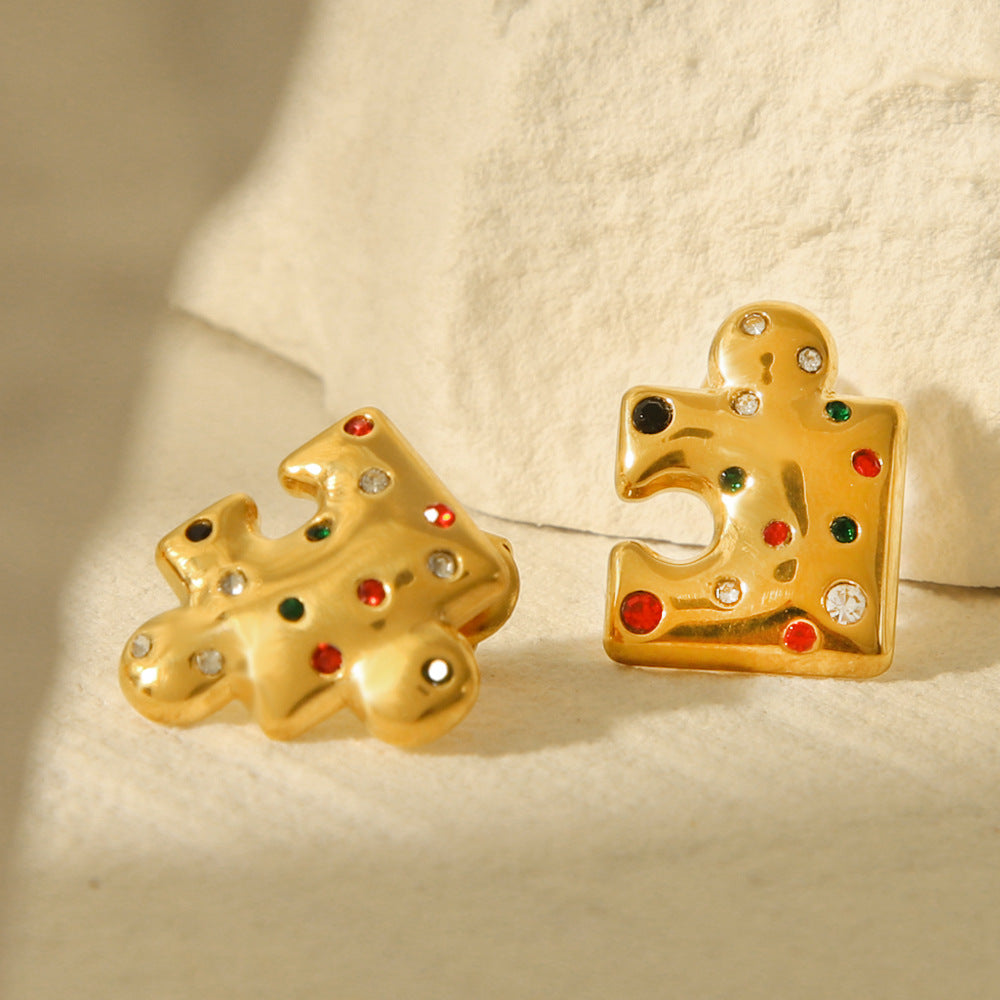 Geometric Puzzle-Inspired Ins Style 18K Gold Plated Stainless Steel Earrings for Women