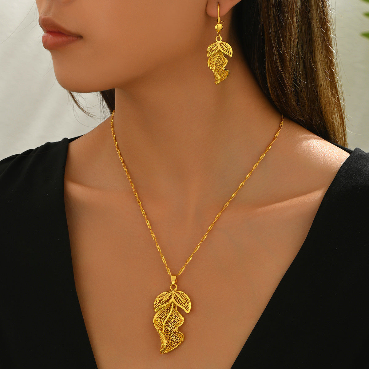 Parure di collana e orecchini da donna placcati in lega di zinco a forma di foglia, in stile minimalista