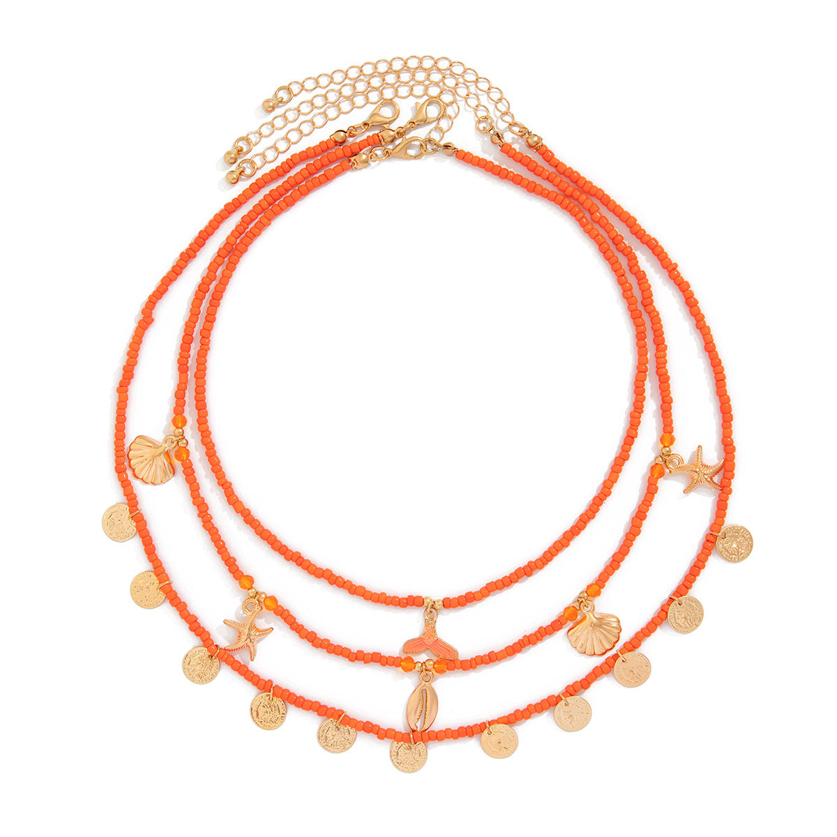 Collana con ciondolo a stella etnica e forme geometriche in lega per donna con finitura placcata, design a coda di pesce, paillettes, conchiglie, stelle marine e catena multistrato di perline