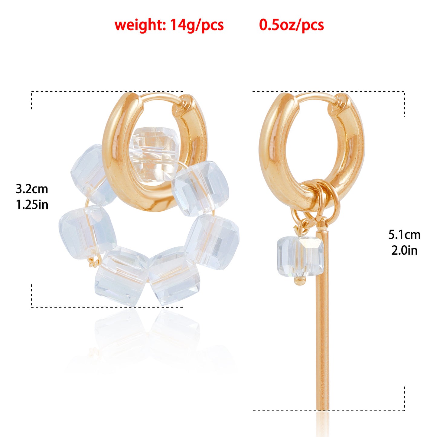 Geometric Asymmetrical Long Bar Crystal Beaded Hoop Earrings in Metal with Electroplating Finish