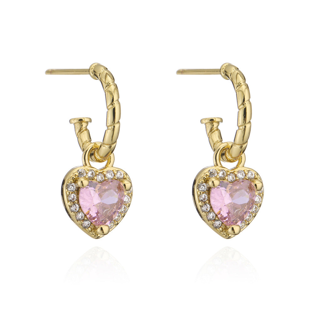 Geometric Heart-Shaped Copper Earrings with 18K Gold Plating and Four-Color Cubic Zirconia for Women