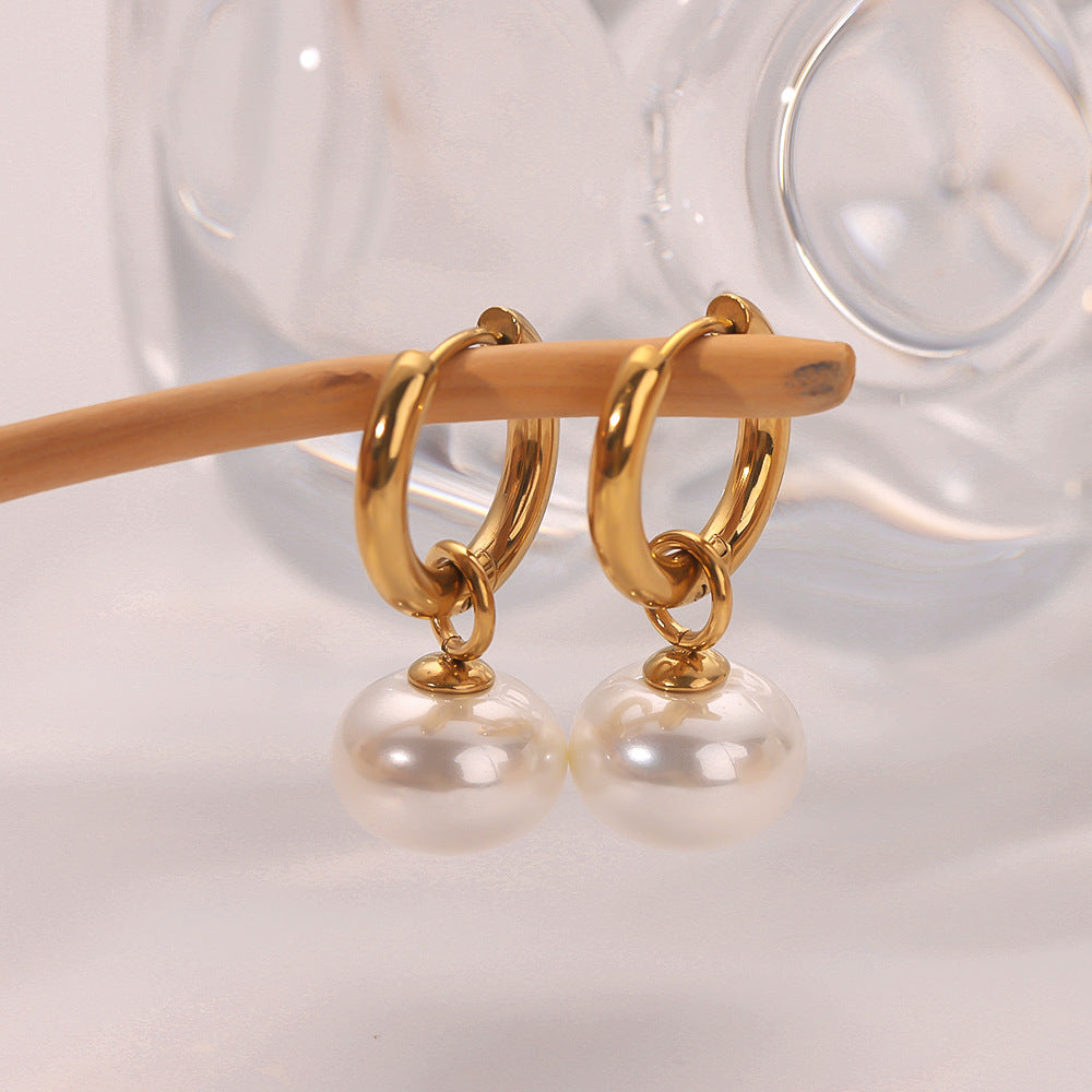 Romantic French Vintage Pearl Pendant Earrings for Women in Stainless Steel with 18K Gold Plating and Geometric Design