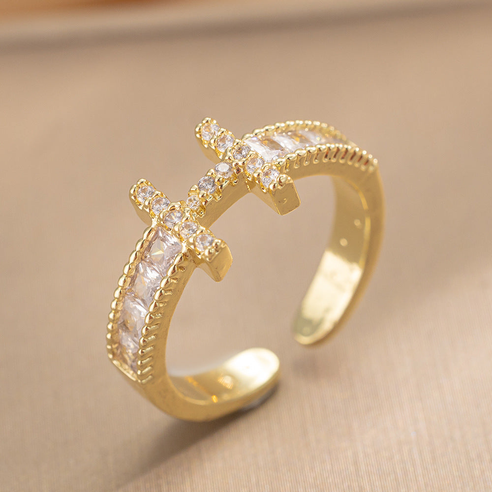 Luxury Minimalist Adjustable Open Ring for Women with Gold-Plated Copper Band and Zircon Stone Accent in Heart and Floral Shape