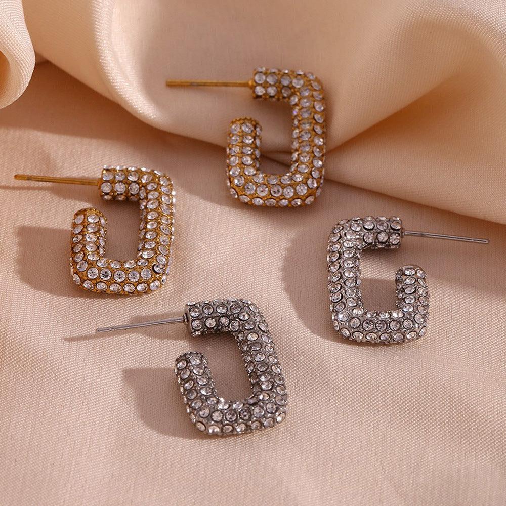 Minimalist Geometric Stainless Steel Ear Studs with 18K Gold Plating and Micro-Pave Zirconia Rectangular Design