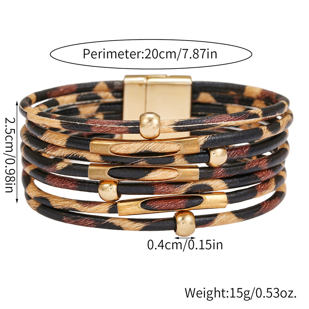 Leopard Print Geometric Round Leather Alloy Bracelet Unisex