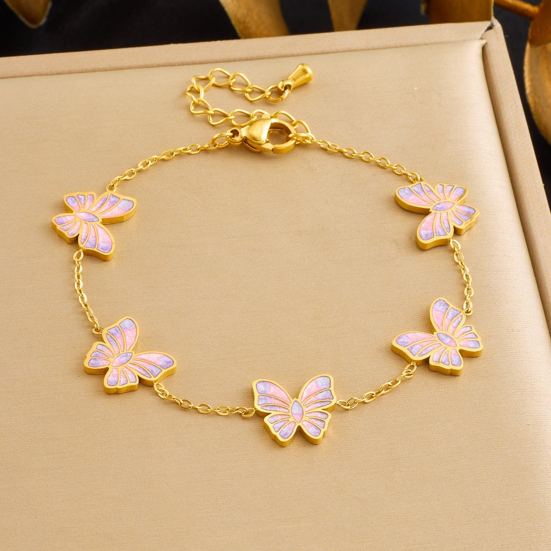 Pink Purple Gradient Drip Oil Gold Plated Butterfly Stainless Steel Bracelet