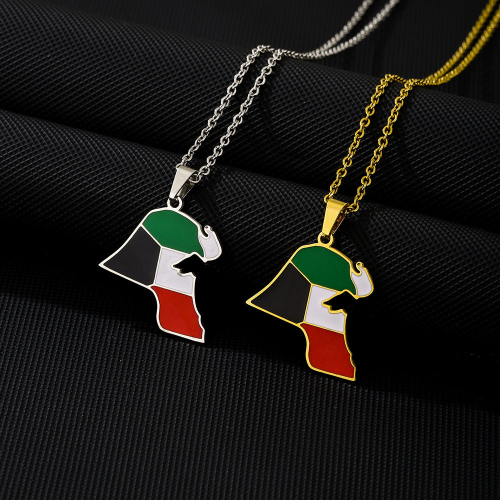 Retro Geometric Kuwait Map Flag Pendant Necklace in Stainless Steel with Enamel Finish on O-Chain for Unisex