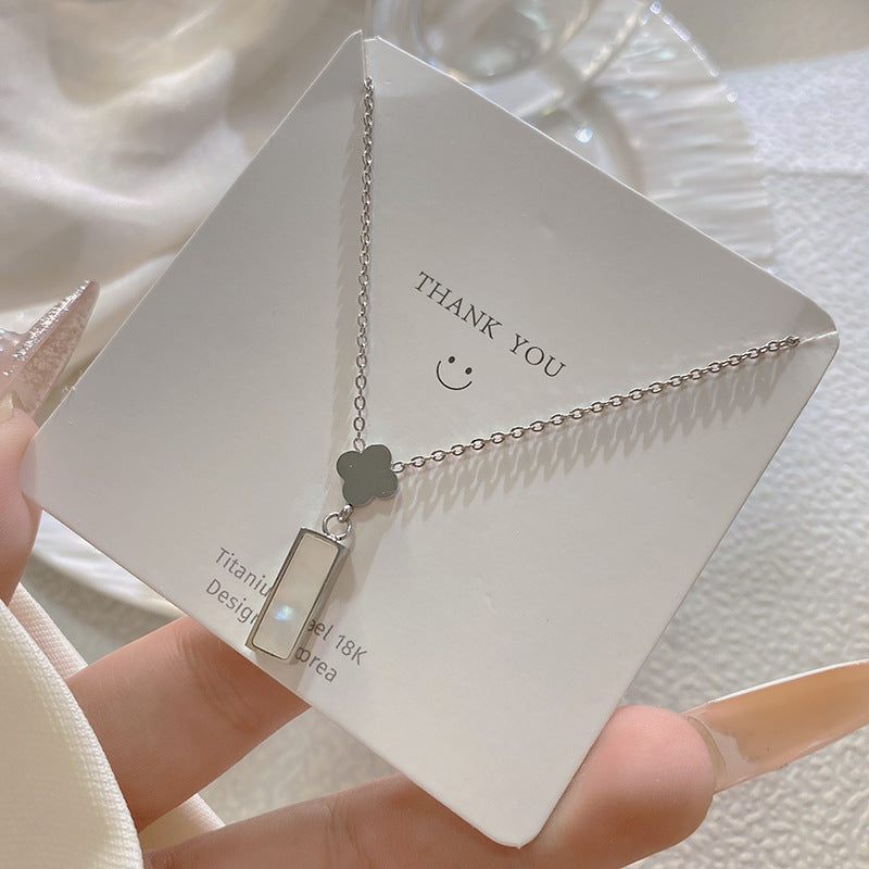 Luxury Gold Plated Titanium Steel Rectangle Four-Leaf Clover Necklace with White Shell Inlay for Unisex