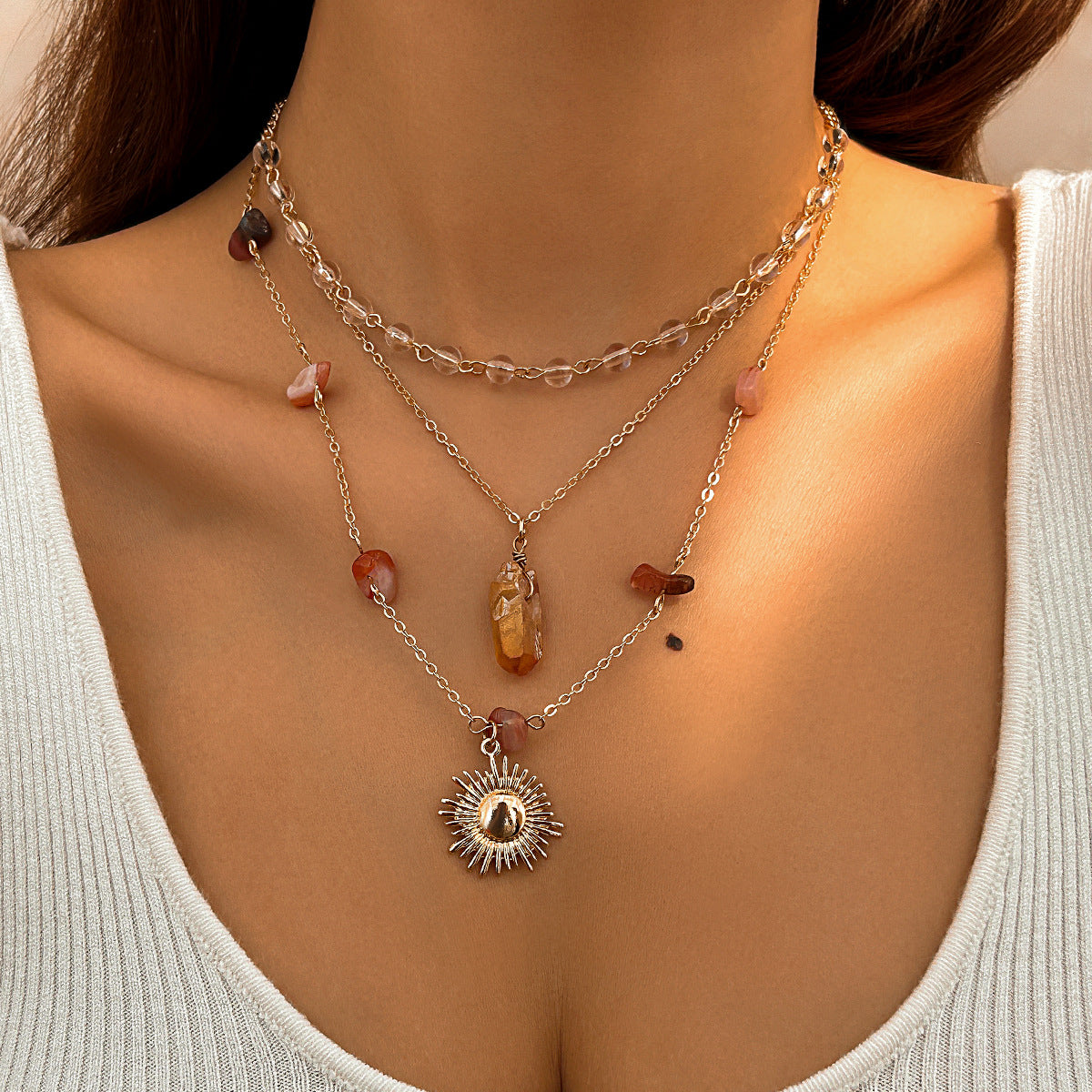 Sweet Geometric Alloy Sunflower Pendant Crystal Tassel Necklace for Women