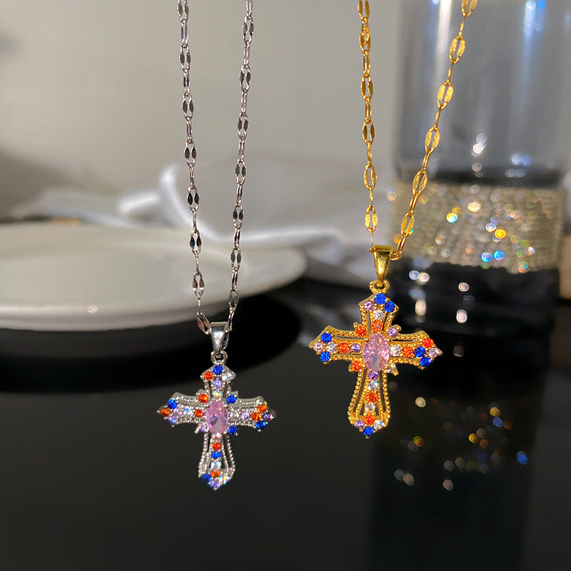 Minimalist Colorful Rhinestone Cross Titanium Steel Necklace for Unisex