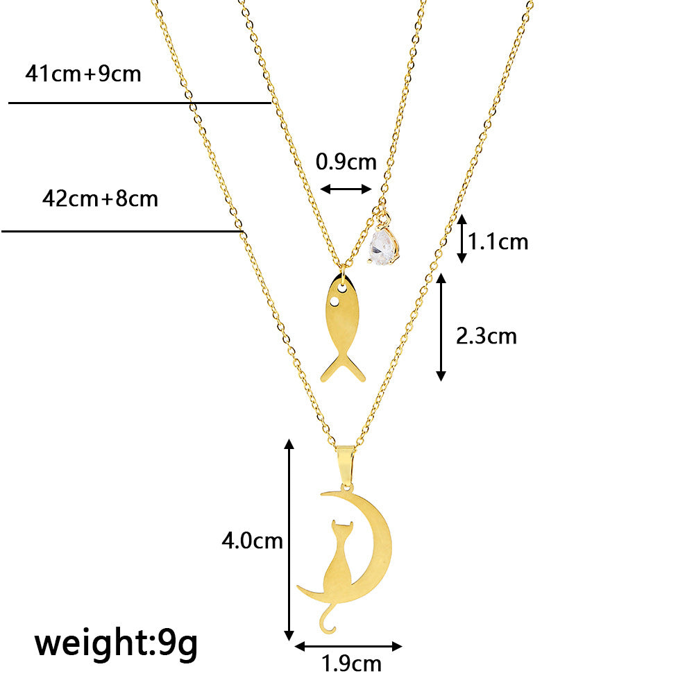Vintage Gold Plated Moon and Cat Animal Shape Alloy Pendant Stainless Steel Cable Chain Necklace