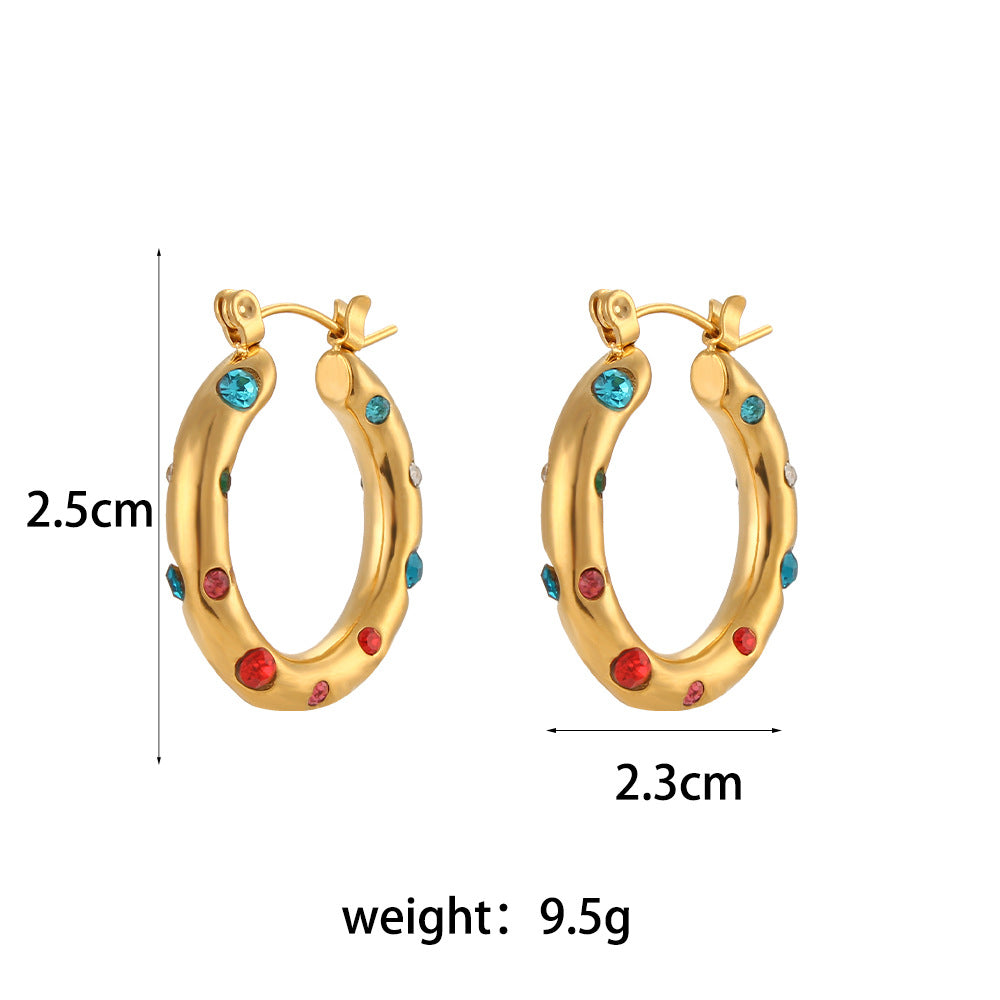 Fashion Minimalist Geometric Stainless Steel Hoop Earrings with 18K Gold Plating and Colored Zirconia