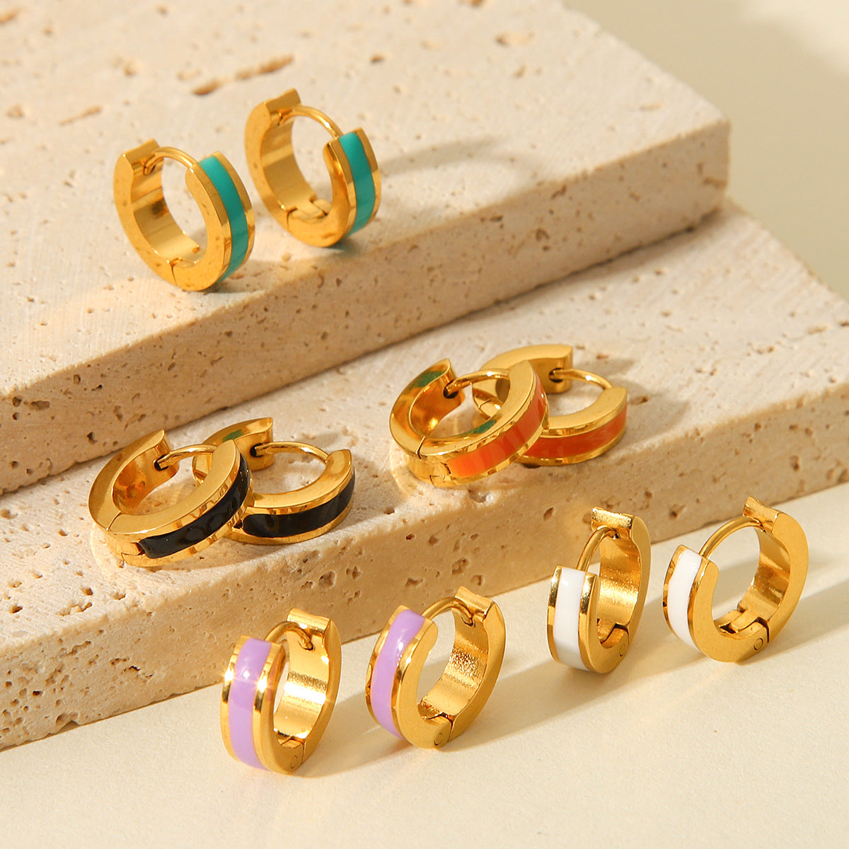 Minimalist Geometric Titanium Steel Earrings with 18K Gold Plating and Colorful Enamel Finish for Women