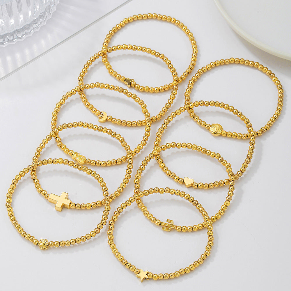 Bracciale elastico da donna con luna geometrica minimalista, croce, cactus e conchiglia a forma di cuore