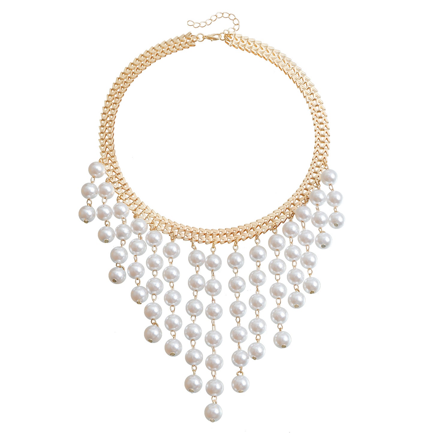 Fashionable Long Layered Pearl Tassel Necklace with Geometric and U-Shaped Pendant in Alloy with Plated Finish for Women