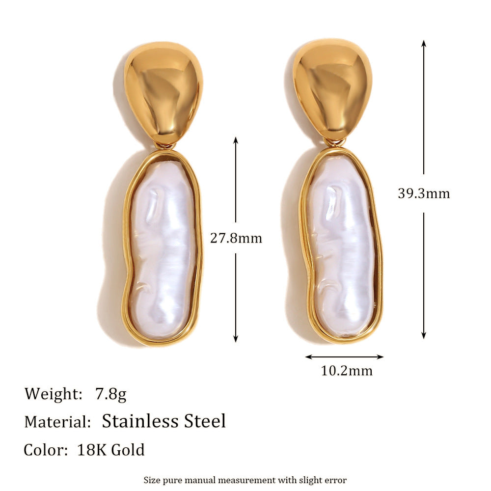 Pendientes Largos de Acero Inoxidable con Diseño Geométrico Vintage, Chapados en Oro de 18K y Acento de Perlas