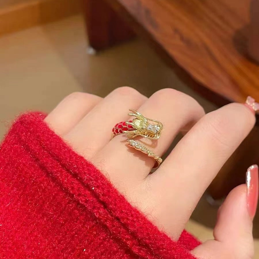 Original Design Dragon Shape Copper Ring with 18K Gold Plating for Women and Men, Red Oxidized Luxury Adjustable Band