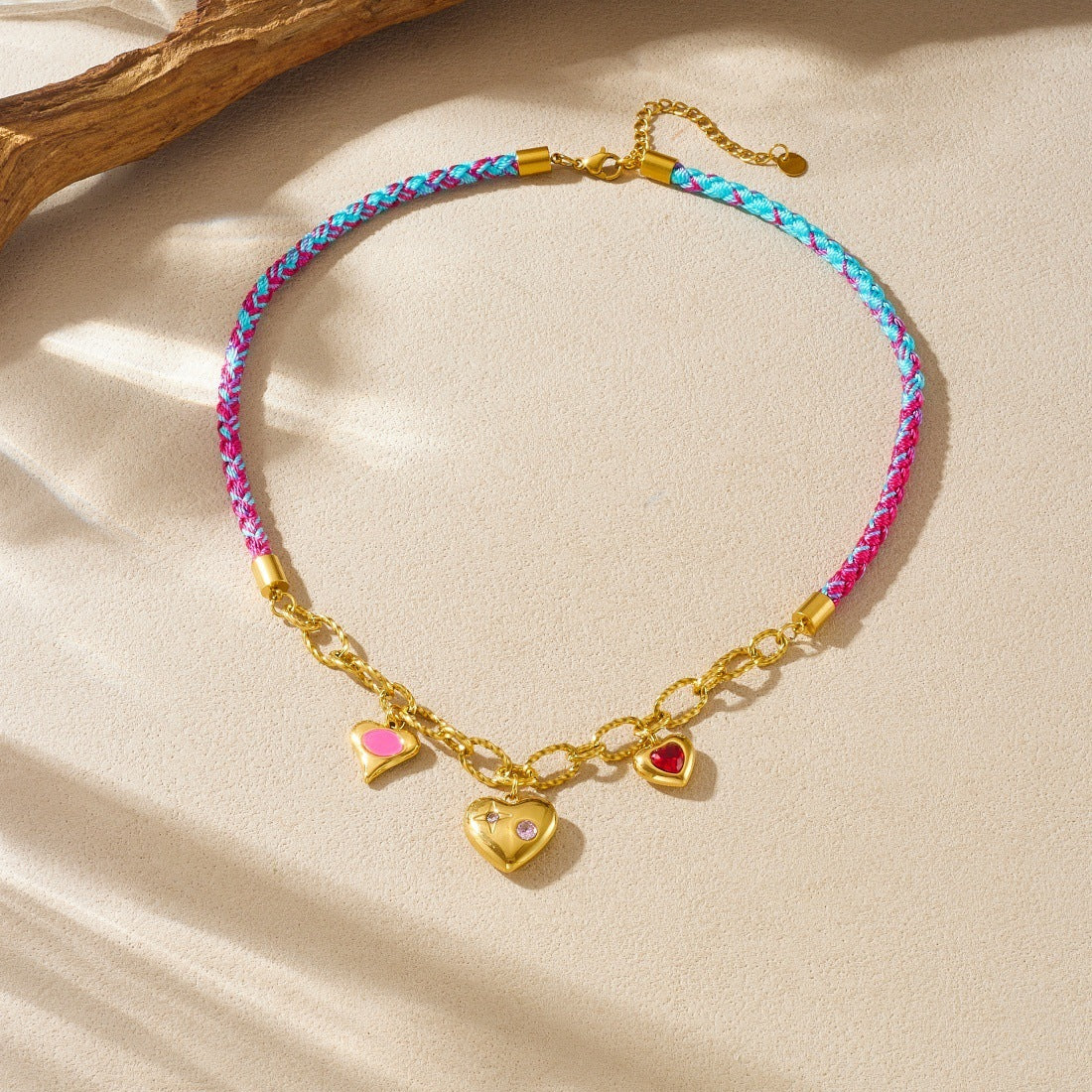 Sweet Streetwear Gradient Heart Rhinestone Gold Plated Stainless Steel Hand-woven Rope Chain Necklace for Women