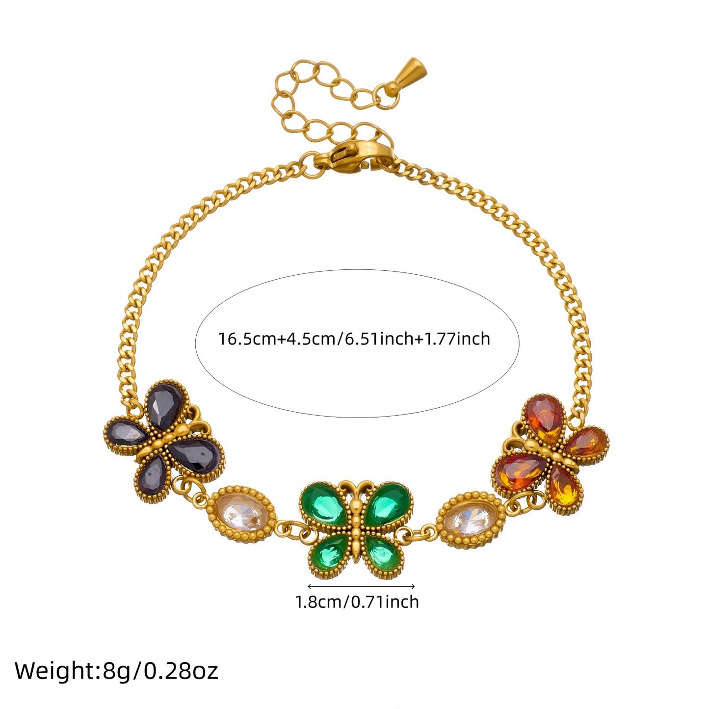 Fashion Elegant Oval Butterfly Rhinestone Gold Plated Stainless Steel Bracelet for Women