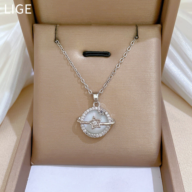 Luxury Titanium Steel Geometric Moon Shell Planet Pendant Necklace for Women with Rhinestone Inlay and Delicate Clavicle Chain