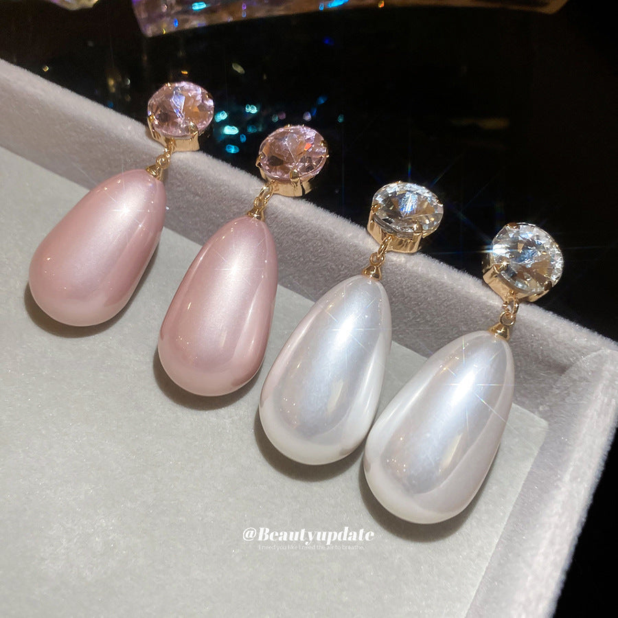 Eleganti orecchini a perno da donna stile francese con perla a goccia e intarsi in strass in acciaio inossidabile