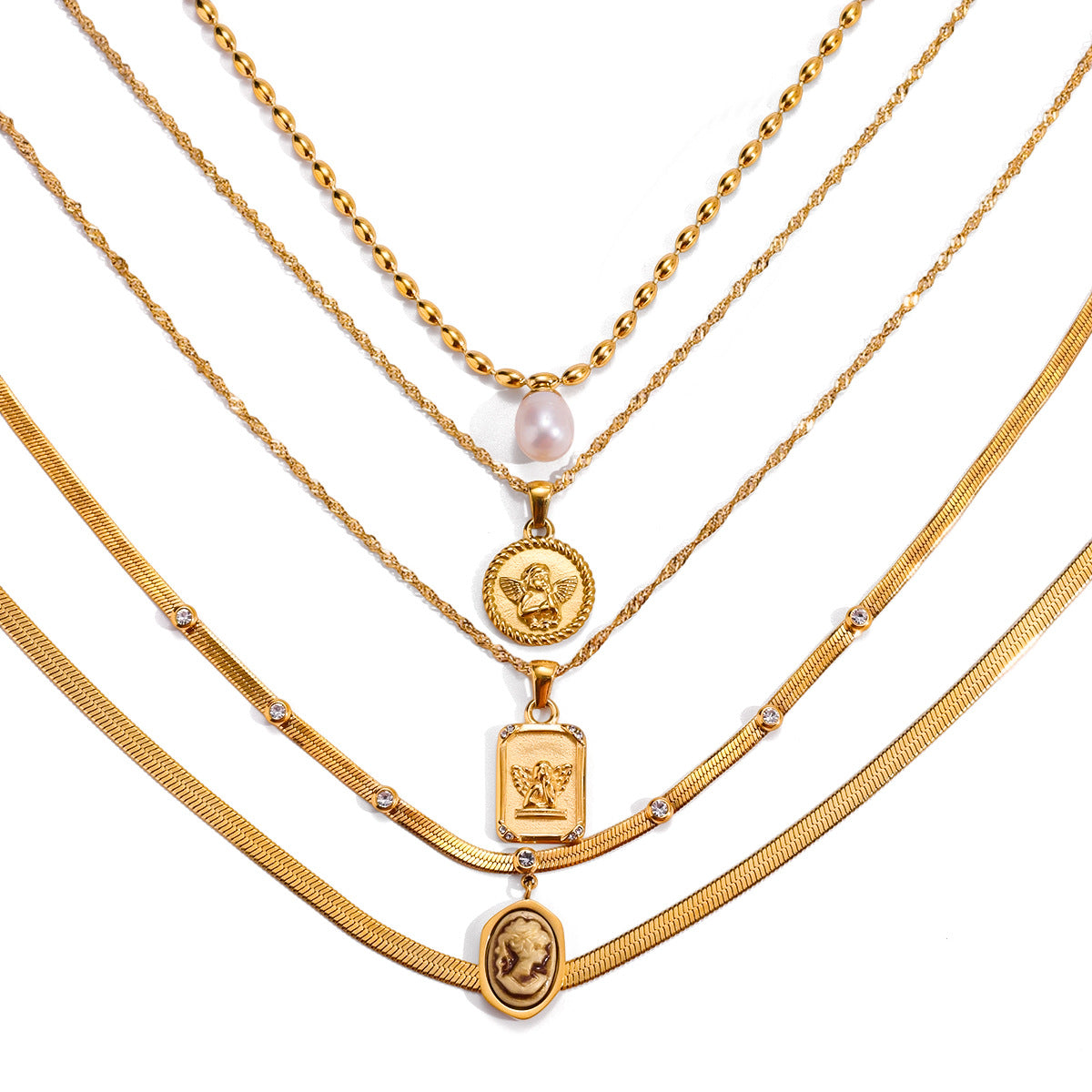 Collana da donna lussuosa, minimalista, con pendente geometrico a forma di angelo, in acciaio al titanio placcato oro 18 carati