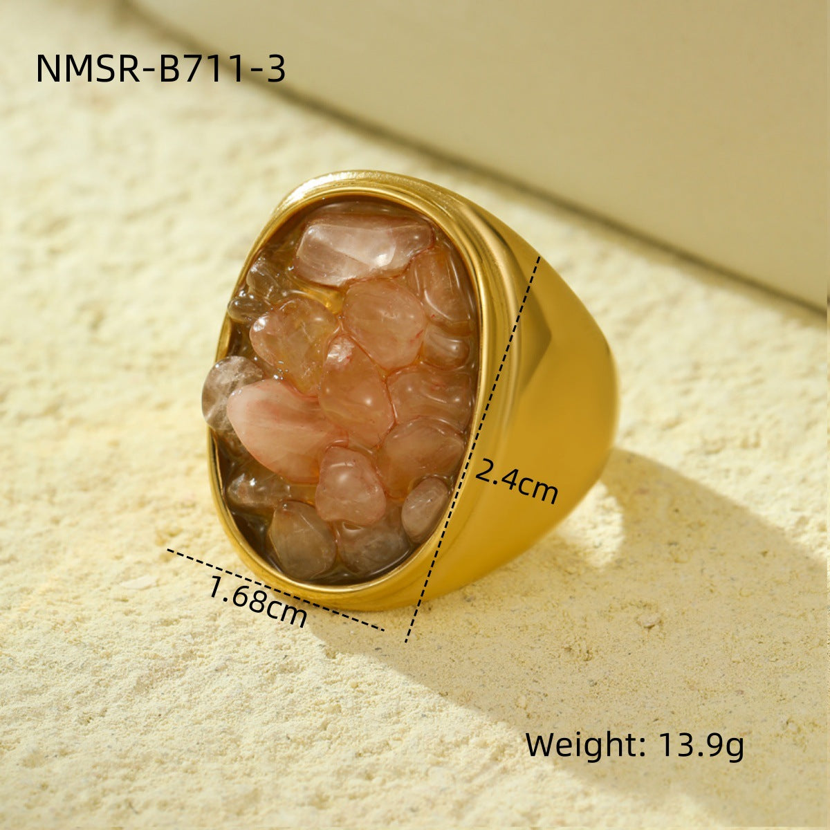 Anillo de Acero Inoxidable Geométrico Minimalista Vintage con Incrustaciones de Piedra Natural Bañado para Mujer